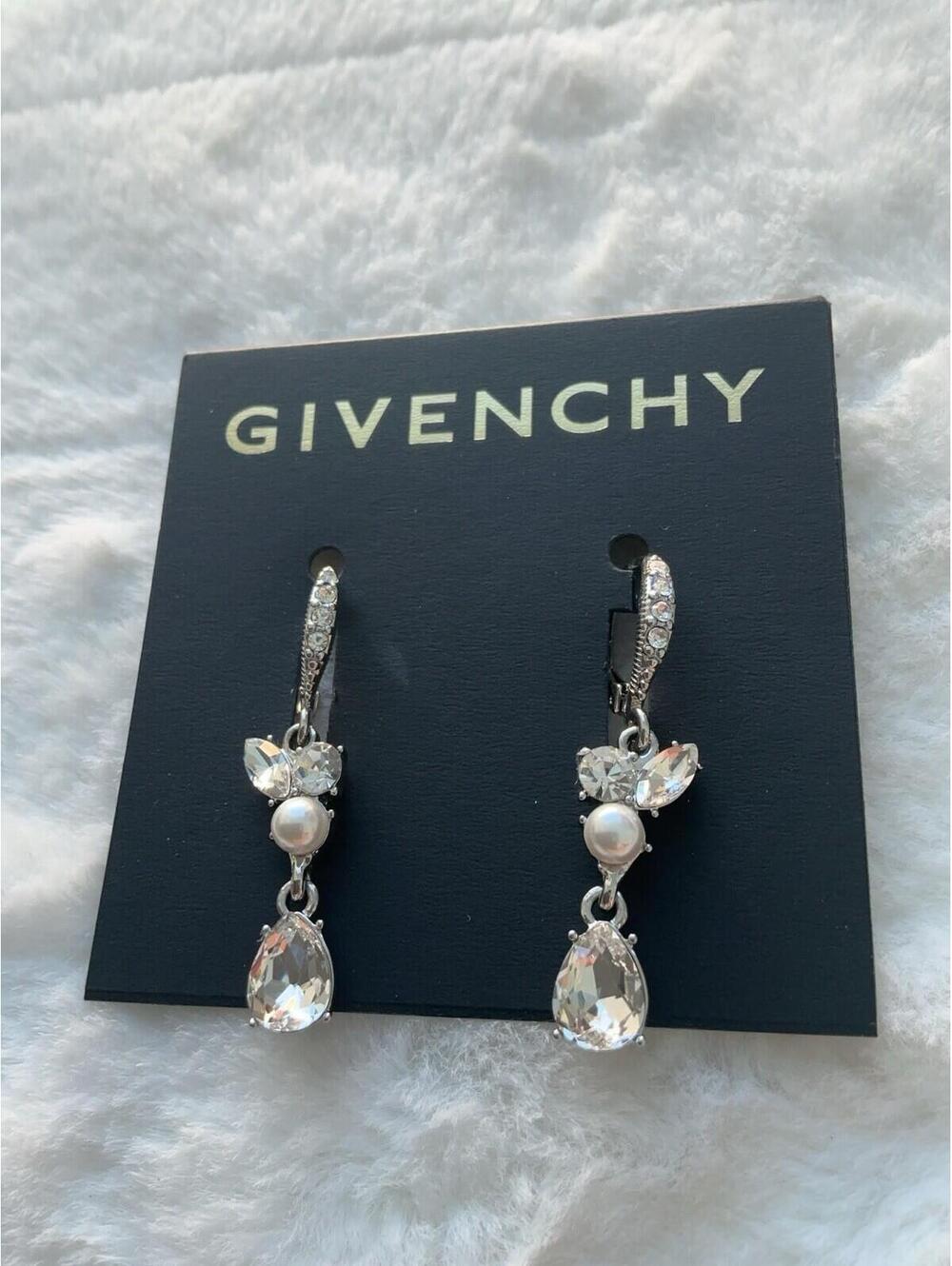 Givenchy Silver Tone Crystal Pearl Double Drop Earrings Leverback NWT